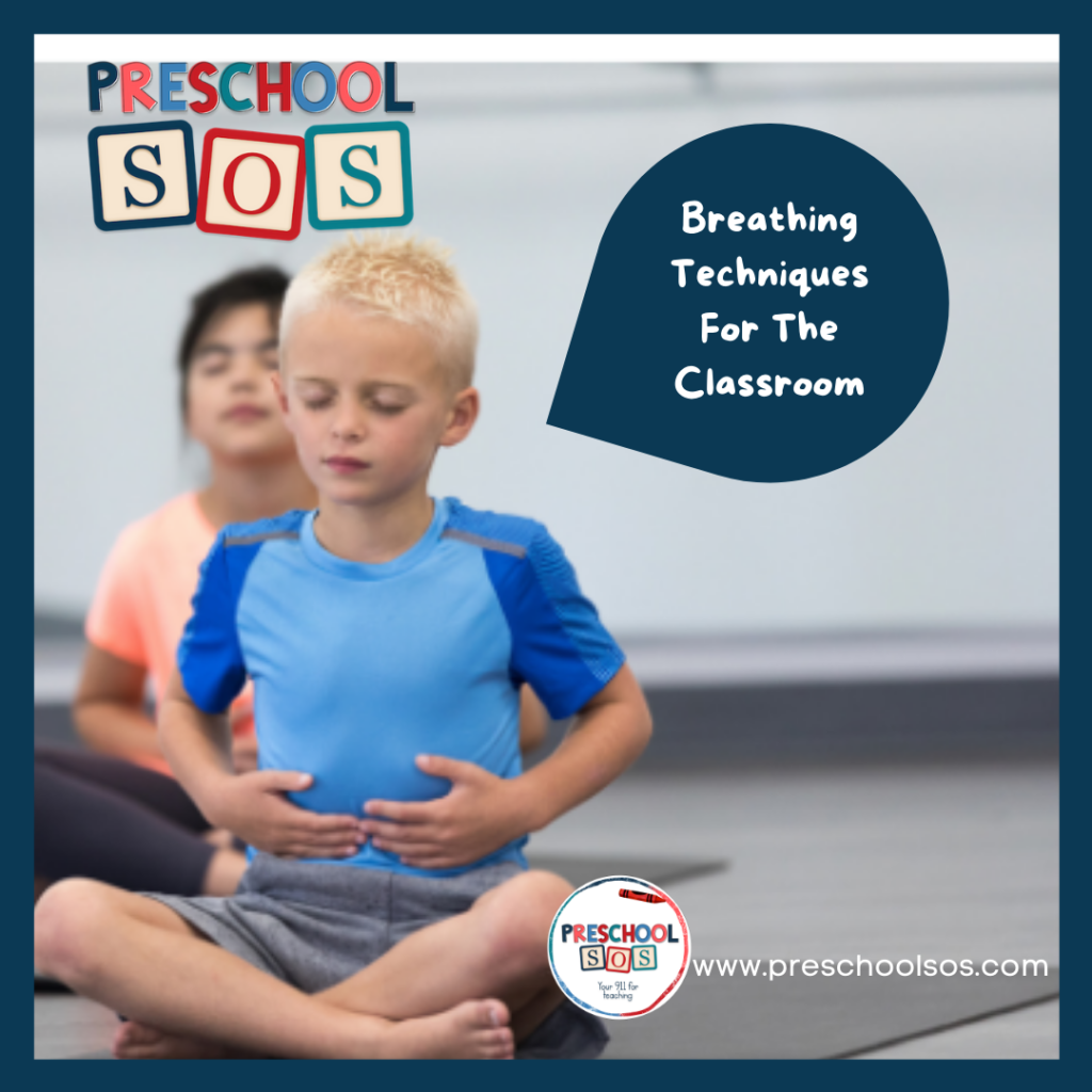 Boy doing breathing exercises  with hands on stomach. 