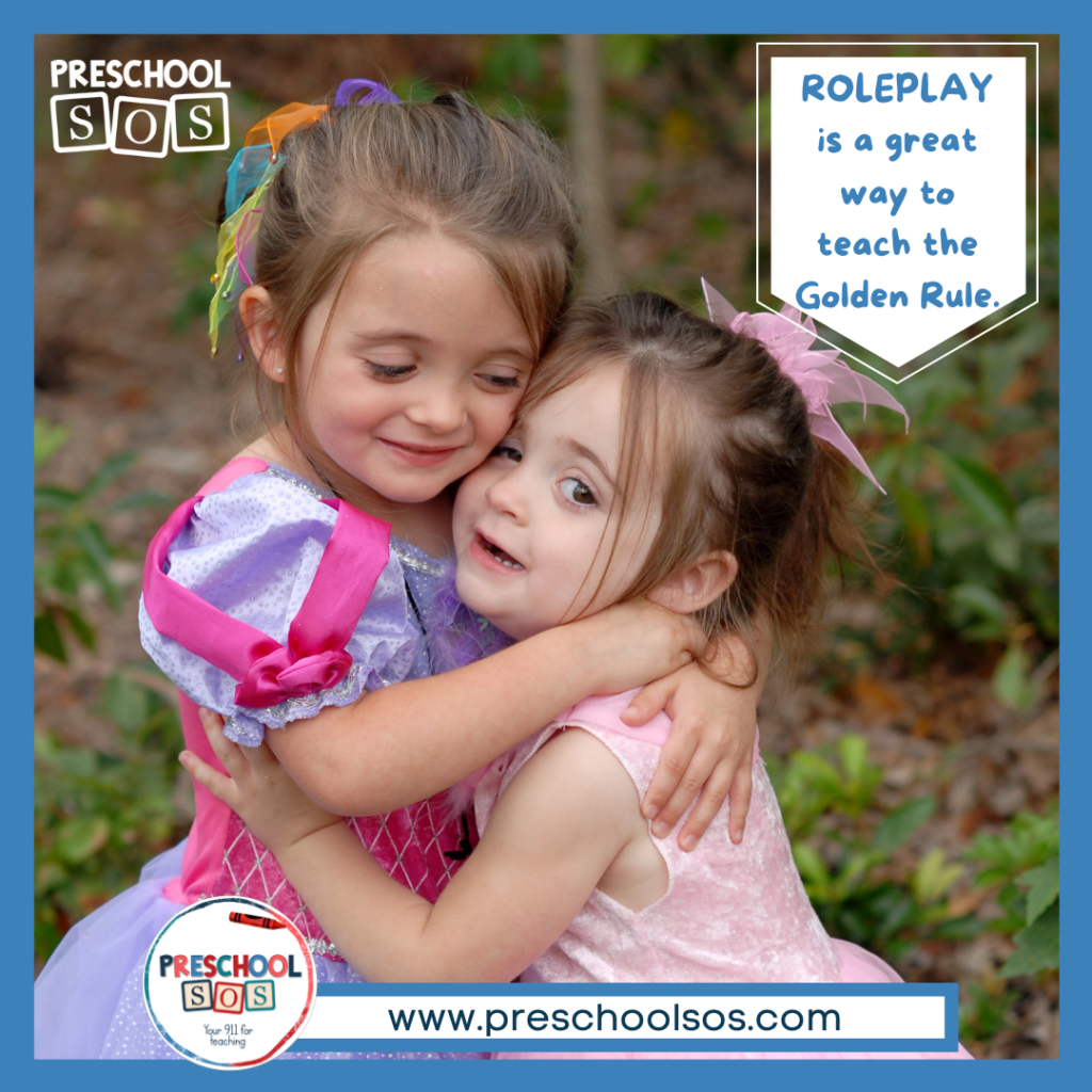 Children roleplaying by hugging a hurt friend to demonstrate the Golden Rule and to learn social-emotional skills.
