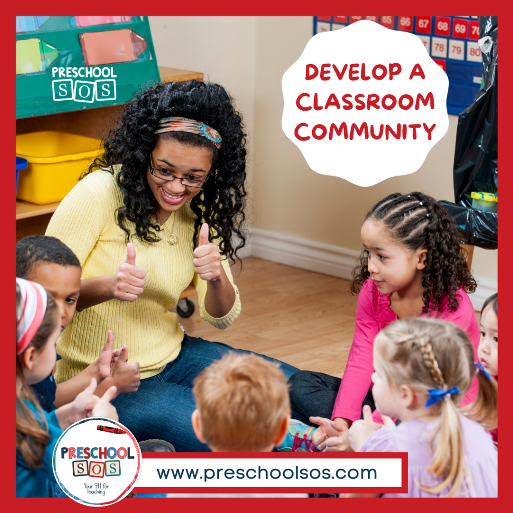 Teacher on the floor with children interacting, smiling, and creating a classroom community to nurture the social-emotional development of preschoolers.
